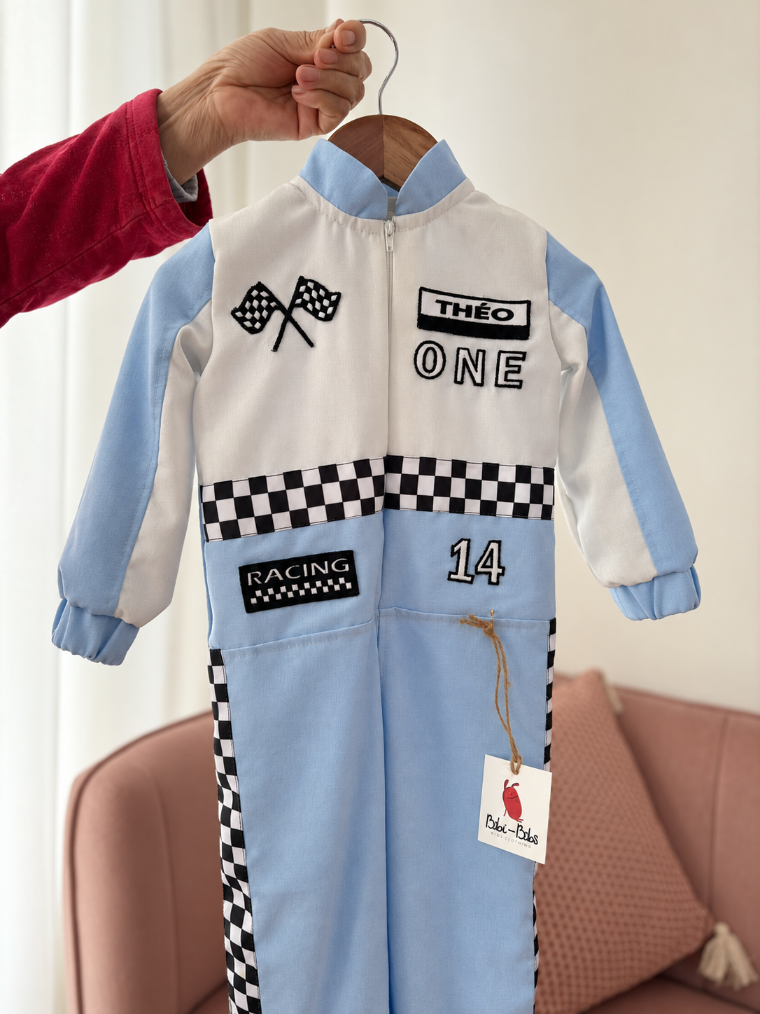 Traje formula algodon celeste detalle